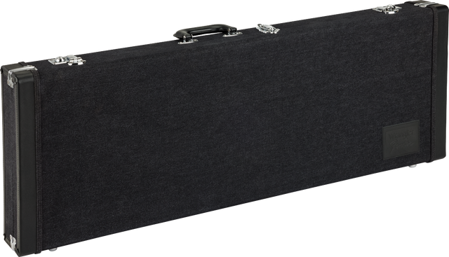 The image shows a black hardshell guitar case with a textured exterior and silver metal hardware, including latches, hinges, and a handle. Its slim, rectangular shape suggests it is designed for an electric guitar. This sturdy case offers superior protection compared to soft bags, making it ideal for musicians transporting guitars to gigs, studios, or storage.