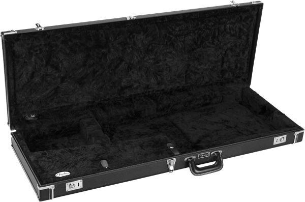 The image shows a hard-shell guitar case designed to protect electric or acoustic guitars. It has a sturdy black exterior with chrome latches and a carrying handle. The interior features a plush black lining molded to fit the guitar’s body and neck, with compartments for accessories. This case offers strong protection during transport and storage, making it ideal for musicians needing secure and safe guitar handling.