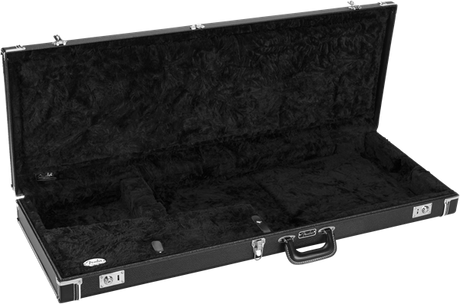 The image shows a hard-shell guitar case designed to protect electric or acoustic guitars. It has a sturdy black exterior with chrome latches and a carrying handle. The interior features a plush black lining molded to fit the guitar’s body and neck, with compartments for accessories. This case offers strong protection during transport and storage, making it ideal for musicians needing secure and safe guitar handling.