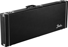 The image shows a classic black Fender hardshell guitar case with chrome metal hardware, including latches, hinges, and a carrying handle. The white Fender logo is prominently displayed on the front. Designed for electric guitars, the sturdy case features reinforced corners and secure latches to protect instruments during transport and storage. Its textured black exterior offers durability and a professional look, making it a trusted choice for guitarists.
