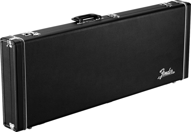 The image shows a classic black Fender hardshell guitar case with chrome metal hardware, including latches, hinges, and a carrying handle. The white Fender logo is prominently displayed on the front. Designed for electric guitars, the sturdy case features reinforced corners and secure latches to protect instruments during transport and storage. Its textured black exterior offers durability and a professional look, making it a trusted choice for guitarists.