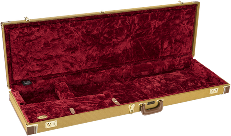 The image shows a deluxe electric guitar case with a hard golden/tweed exterior and plush burgundy interior. It has custom compartments for the guitar’s body, neck, and headstock, metal latches, corner reinforcements, a carrying handle, and a small accessory compartment. Designed to protect guitars during transport, it prevents damage with a secure, fitted interior and durable outer shell.