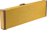 The image shows a vintage-style hardshell guitar case with a golden yellow textured exterior, brown leather corner guards, and brass hardware. It features a rectangular, elongated shape with a brown leather handle. The sturdy, professional-grade case is designed to protect and transport electric guitars, reflecting a classic 1950s-60s look.