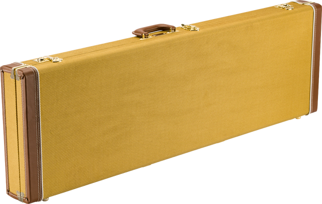 The image shows a vintage-style hardshell guitar case with a golden yellow textured exterior, brown leather corner guards, and brass hardware. It features a rectangular, elongated shape with a brown leather handle. The sturdy, professional-grade case is designed to protect and transport electric guitars, reflecting a classic 1950s-60s look.