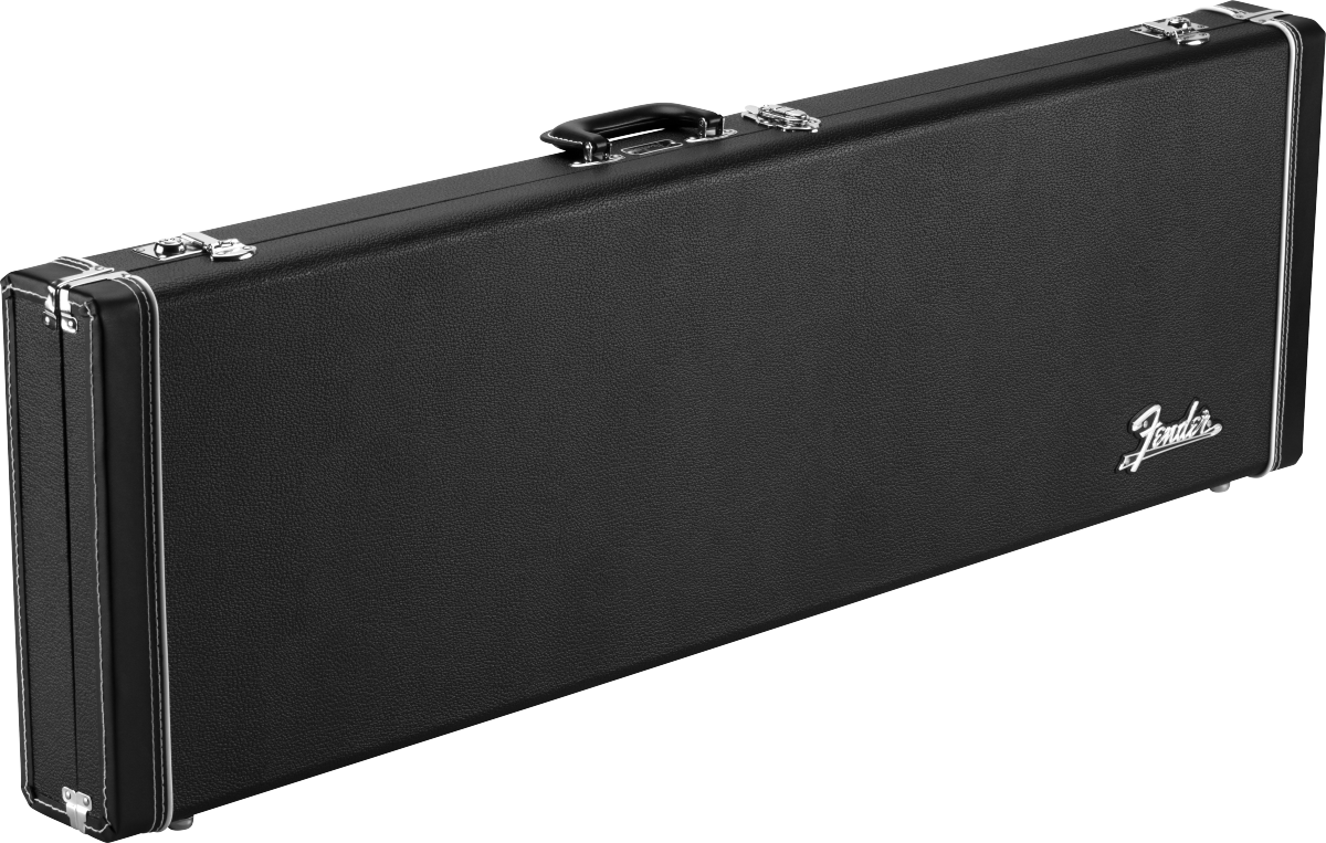 The image shows a black Fender-branded hardshell guitar case with a classic rectangular shape. It features chrome hardware including latches, hinges, and a top carrying handle. The textured exterior is likely made of durable vinyl. Designed for electric guitars, this case provides strong protection for safe transport and storage, making it a common accessory for musicians.
