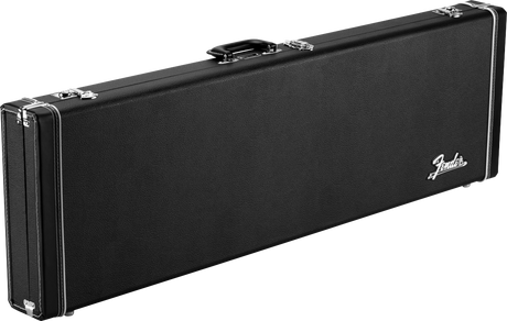 The image shows a black Fender-branded hardshell guitar case with a classic rectangular shape. It features chrome hardware including latches, hinges, and a top carrying handle. The textured exterior is likely made of durable vinyl. Designed for electric guitars, this case provides strong protection for safe transport and storage, making it a common accessory for musicians.