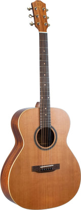 The image shows a classic acoustic guitar with a natural spruce or cedar top, darker wood back and sides, and a traditional dreadnought body. It has six strings, chrome tuning pegs, a dark rosewood fretboard with position markers, a decorative rosette around the sound hole, cream binding, and a wooden bridge with a bone or synthetic saddle. The guitar is displayed against a white background, highlighting its quality and versatility.