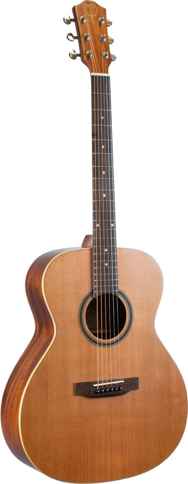 The image shows a classic acoustic guitar with a natural spruce or cedar top, darker wood back and sides, and a traditional dreadnought body. It has six strings, chrome tuning pegs, a dark rosewood fretboard with position markers, a decorative rosette around the sound hole, cream binding, and a wooden bridge with a bone or synthetic saddle. The guitar is displayed against a white background, highlighting its quality and versatility.