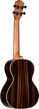 The image shows the back of a ukulele with a dark wood body featuring vertical grain patterns and light-colored binding. The neck is a lighter wood with visible grain. The headstock has four black tuning pegs in a 2+2 arrangement. The instrument displays quality craftsmanship with clean lines and fine finishing, likely a concert or tenor size, indicating a mid to high-end model.