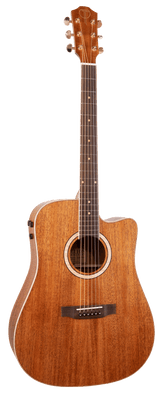 The image shows an acoustic-electric guitar with a natural wooden body, six strings, tuning pegs, and a sound hole. It has a cutaway design for easier access to higher frets and control knobs on the side for amplification. This versatile instrument is widely used across various music genres.