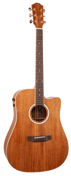 The image shows an acoustic-electric guitar with a natural wooden body, six strings, tuning pegs, and a sound hole. It has a cutaway design for easier access to higher frets and control knobs on the side for amplification. This versatile instrument is widely used across various music genres.