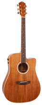 The image shows an acoustic-electric guitar with a natural wooden body, six strings, tuning pegs, and a sound hole. It has a cutaway design for easier access to higher frets and control knobs on the side for amplification. This versatile instrument is widely used across various music genres.