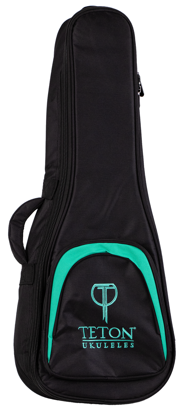 The image shows a Teton TBT12TL Tenor Ukulele Gig Bag, designed to protect and carry a tenor-sized ukulele. The bag features a black exterior with a front zippered pocket and padded shoulder straps for easy transport. It showcases the Teton logo and appears sturdy and well-padded, ideal for musicians seeking durable ukulele protection.