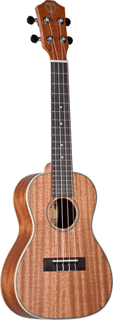 The image shows a beautifully crafted ukulele with four strings, a compact concert or tenor size, and a warm natural wood grain finish, possibly koa or mahogany. It features a traditional headstock with four tuning pegs, a central sound hole with a decorative rosette, a dark fretted neck, and a wooden bridge. The "TONA" brand is visible inside the sound hole, highlighting its quality and appeal for all skill levels.