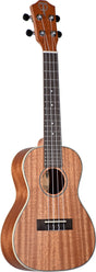 The image shows a beautifully crafted ukulele with four strings, a compact concert or tenor size, and a warm natural wood grain finish, possibly koa or mahogany. It features a traditional headstock with four tuning pegs, a central sound hole with a decorative rosette, a dark fretted neck, and a wooden bridge. The "TONA" brand is visible inside the sound hole, highlighting its quality and appeal for all skill levels.