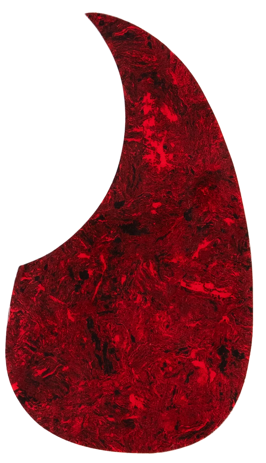 The image shows a guitar pickguard with a red tortoiseshell pattern in a classic teardrop shape typical of acoustic dreadnought guitars. Made from glossy, translucent celluloid or similar plastic, it features marbled red and black swirls. This decorative pickguard protects the guitar’s top from scratches while adding a bold, vintage-inspired look that contrasts strikingly with natural or dark wood finishes.