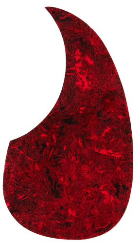 The image shows a guitar pickguard with a red tortoiseshell pattern in a classic teardrop shape typical of acoustic dreadnought guitars. Made from glossy, translucent celluloid or similar plastic, it features marbled red and black swirls. This decorative pickguard protects the guitar’s top from scratches while adding a bold, vintage-inspired look that contrasts strikingly with natural or dark wood finishes.