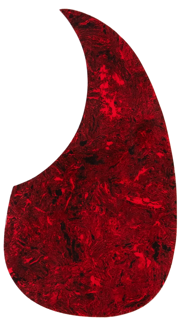 The image shows a guitar pickguard with a red tortoiseshell pattern in a classic teardrop shape typical of acoustic dreadnought guitars. Made from glossy, translucent celluloid or similar plastic, it features marbled red and black swirls. This decorative pickguard protects the guitar’s top from scratches while adding a bold, vintage-inspired look that contrasts strikingly with natural or dark wood finishes.