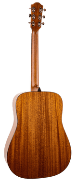 The image shows the back of an acoustic guitar with a rich brown wood finish and visible grain. It has a dreadnought-style body, six chrome tuning pegs on the headstock, and a solid wood back, likely mahogany. The classic silhouette features a long neck extending from the body. The guitar's quality craftsmanship suggests it is suitable for various music styles and appeals to both amateur and professional players.
