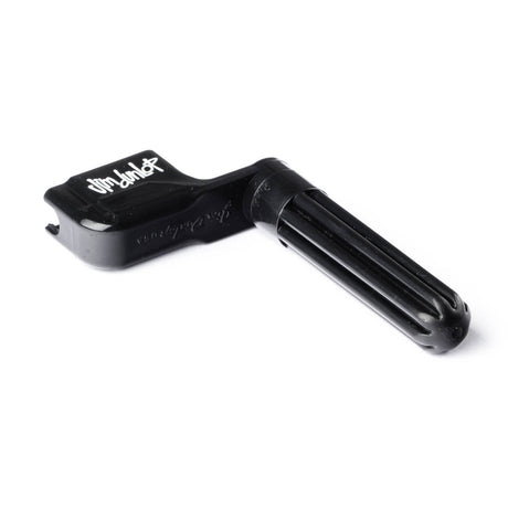 A black guitar string winder on a white background