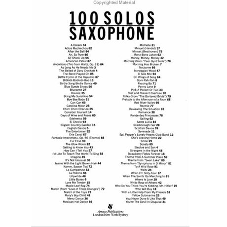 Sheet music cover for '100 Solos Saxophone' with a list of saxophone solos on a white background.