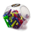 A plastic jar filled with different color guitar pegwinders on a white backround