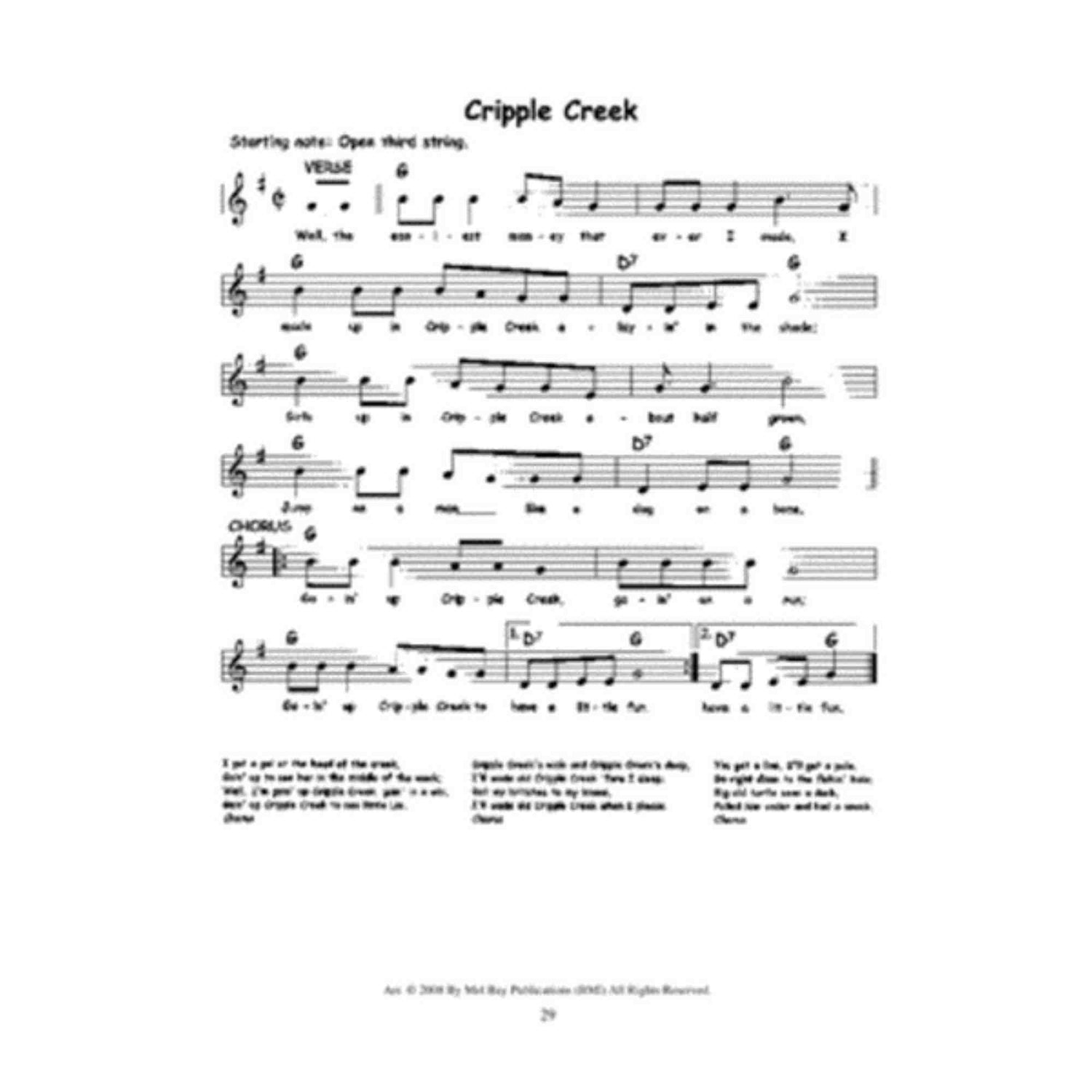Sheet music for 'Cripple Creek' with lyrics and musical notation on a white background.