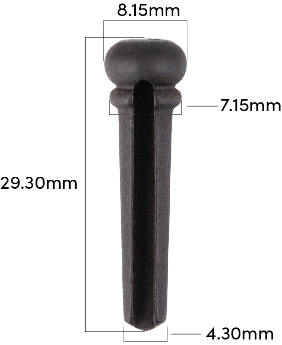 The image shows a bridge pin, a small accessory used to secure guitar string ball ends in an acoustic guitar’s bridge. Featuring detailed measurements (29.3mm length, 8.15mm head diameter), it appears to be a product shot. Made of dark material, likely ebony or plastic, bridge pins are essential for maintaining string tension and tone and are often replaced to match different guitar styles.
