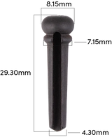 The image shows a bridge pin, a small accessory used to secure guitar string ball ends in an acoustic guitar’s bridge. Featuring detailed measurements (29.3mm length, 8.15mm head diameter), it appears to be a product shot. Made of dark material, likely ebony or plastic, bridge pins are essential for maintaining string tension and tone and are often replaced to match different guitar styles.