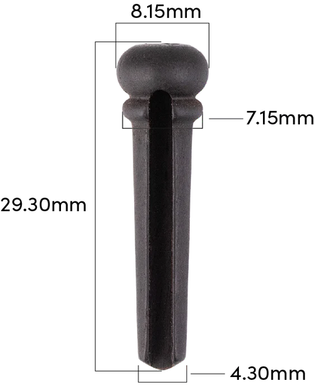 The image shows a bridge pin, a small accessory used to secure guitar string ball ends in an acoustic guitar’s bridge. Featuring detailed measurements (29.3mm length, 8.15mm head diameter), it appears to be a product shot. Made of dark material, likely ebony or plastic, bridge pins are essential for maintaining string tension and tone and are often replaced to match different guitar styles.
