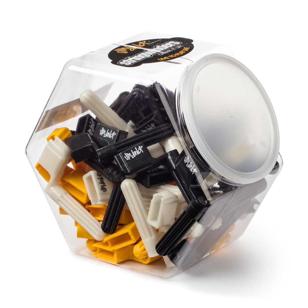 A plastic jar filled with Jim Dunlop guitar string winders in different colors on a white background