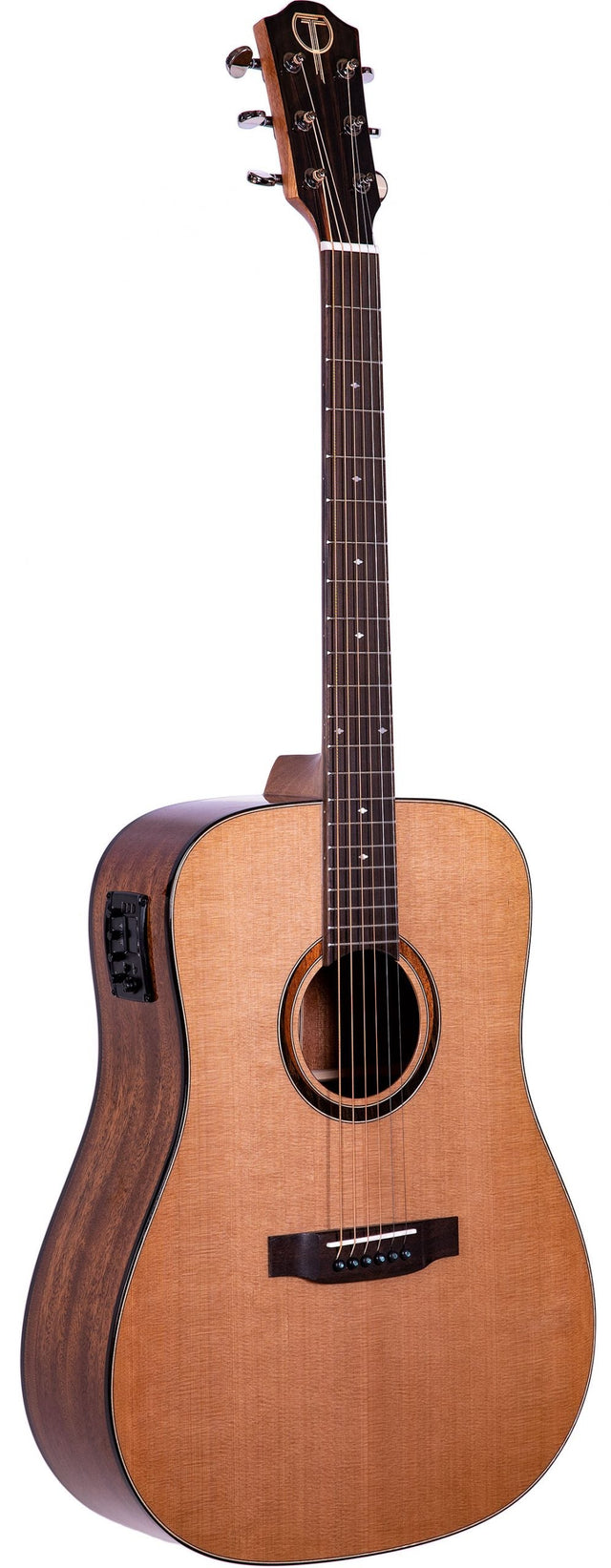 The image shows a dreadnought-style acoustic-electric guitar with a light-colored wood top and darker back and sides. It has a dark fingerboard with fret markers, six strings, and chrome tuning machines. A round sound hole with a decorative rosette is visible. There’s an electronics system on the side for amplification. A logo is on the headstock, though the brand is unclear. The guitar is suited for various musical styles.