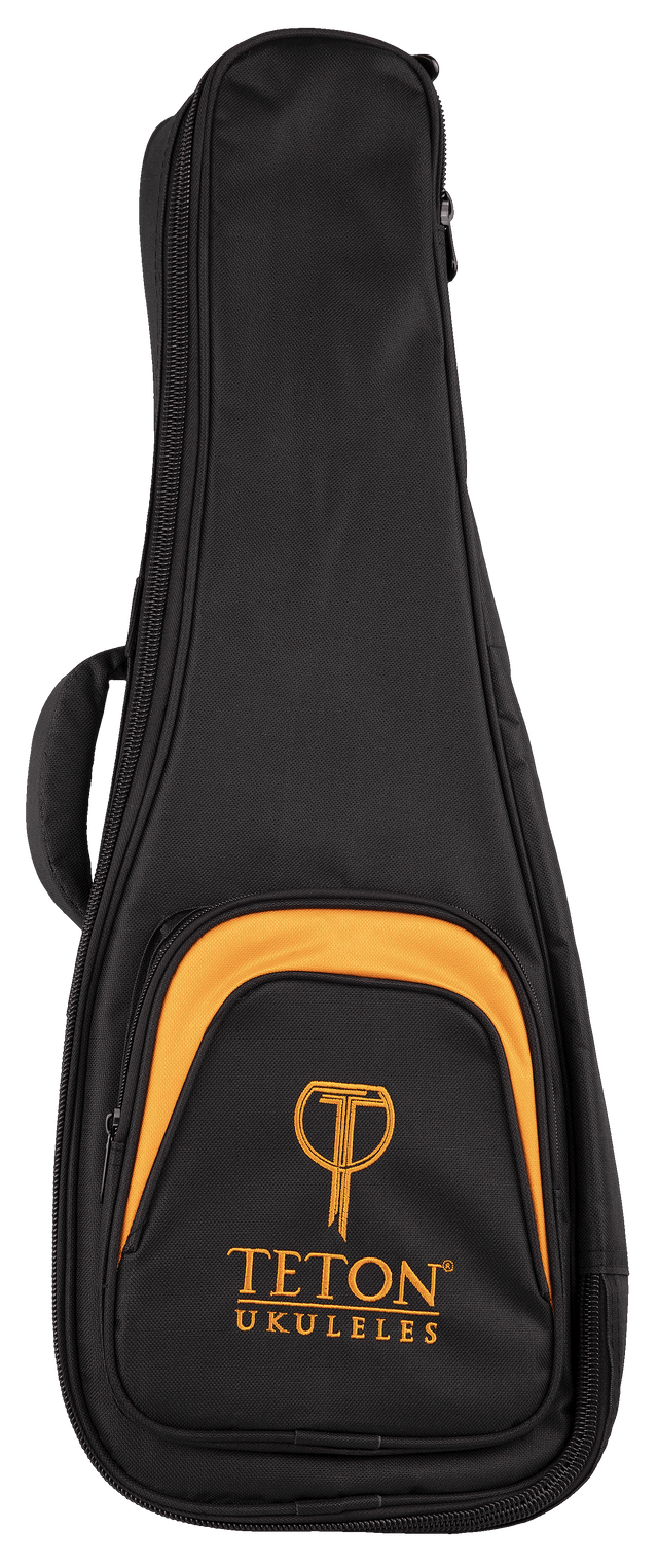 The image shows a TETON UKULELES padded soft gig bag for a ukulele. It is black with orange/amber trim and features a full-length zipper, a front pocket with the Teton logo, carrying handles, and durable fabric. The case has a teardrop shape to fit a ukulele’s body, offering lightweight protection and easy transport, with branding indicating Teton as the manufacturer.