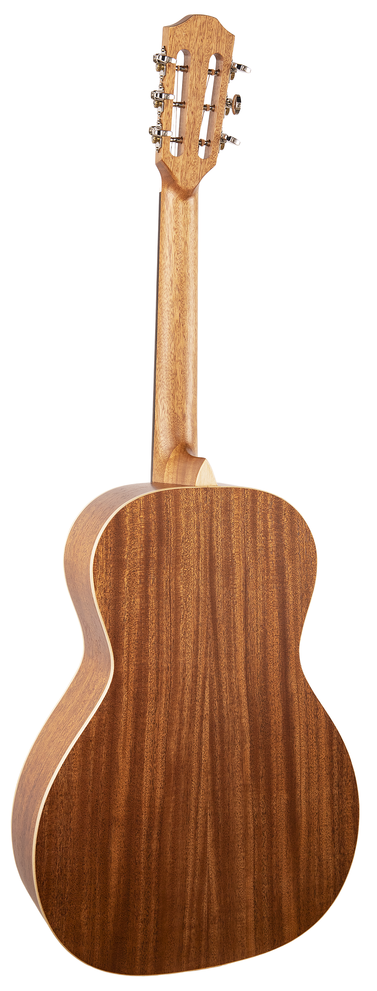 The image shows the back of a classical acoustic guitar with a natural wood finish highlighting the grain. The headstock features tuning pegs typical of classical guitars, indicating it is a string instrument from the guitar family.