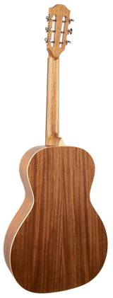 The image shows the back of a classical acoustic guitar with a natural wood finish highlighting the grain. The headstock features tuning pegs typical of classical guitars, indicating it is a string instrument from the guitar family.