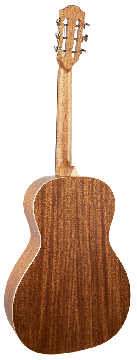The image shows the back of a classical acoustic guitar with a natural wood finish highlighting the grain. The headstock features tuning pegs typical of classical guitars, indicating it is a string instrument from the guitar family.