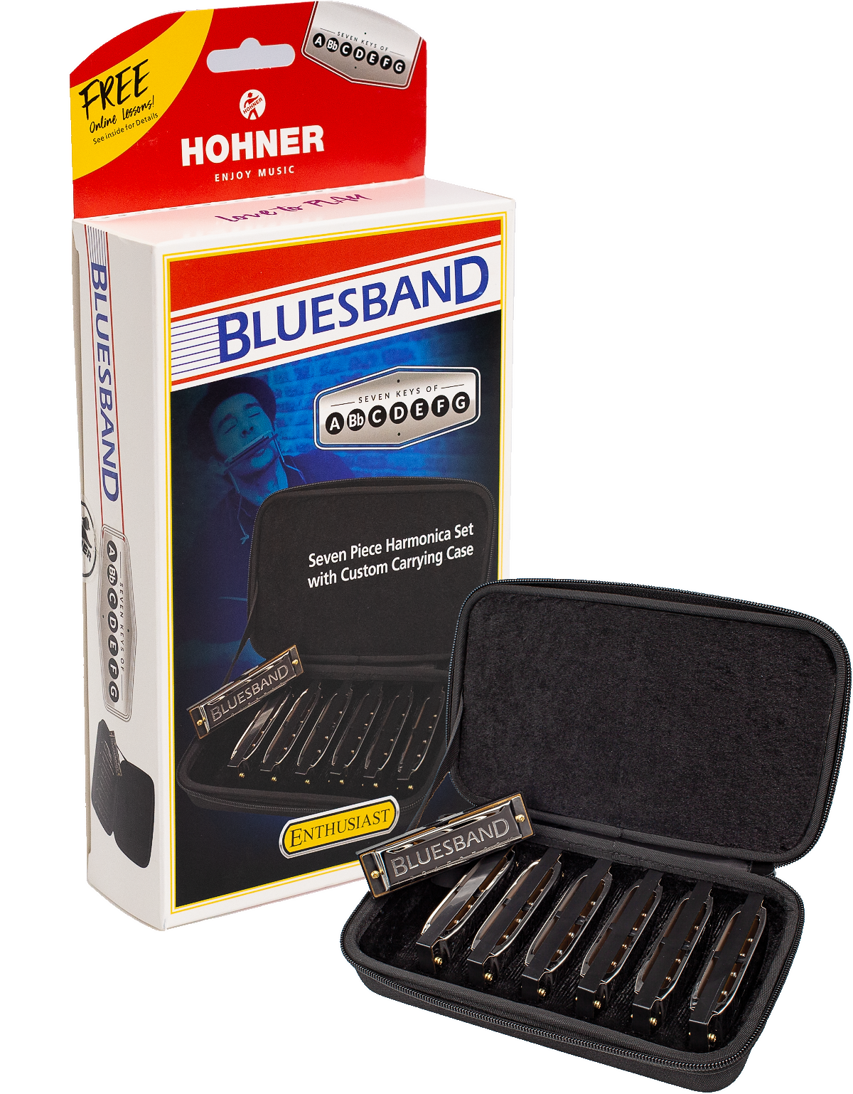 The image shows a Hohner Bluesband harmonica set featuring seven harmonicas in keys A through G, designed for intermediate players. The set includes a red and white branded box with a "FREE Online Warp!" offer and a black zippered case. Each harmonica is labeled "BLUESBAND," offering a complete blues-focused set for playing in multiple keys.
