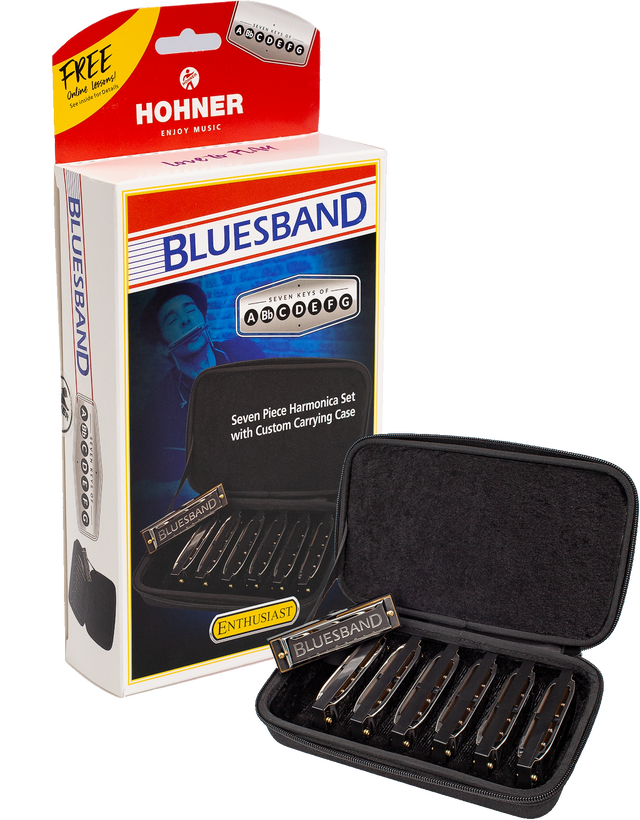 The image shows a Hohner Bluesband harmonica set featuring seven harmonicas in keys A through G, designed for intermediate players. The set includes a red and white branded box with a "FREE Online Warp!" offer and a black zippered case. Each harmonica is labeled "BLUESBAND," offering a complete blues-focused set for playing in multiple keys.