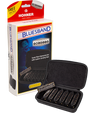 The image shows a Hohner Bluesband harmonica set featuring seven harmonicas in keys A through G, designed for intermediate players. The set includes a red and white branded box with a "FREE Online Warp!" offer and a black zippered case. Each harmonica is labeled "BLUESBAND," offering a complete blues-focused set for playing in multiple keys.