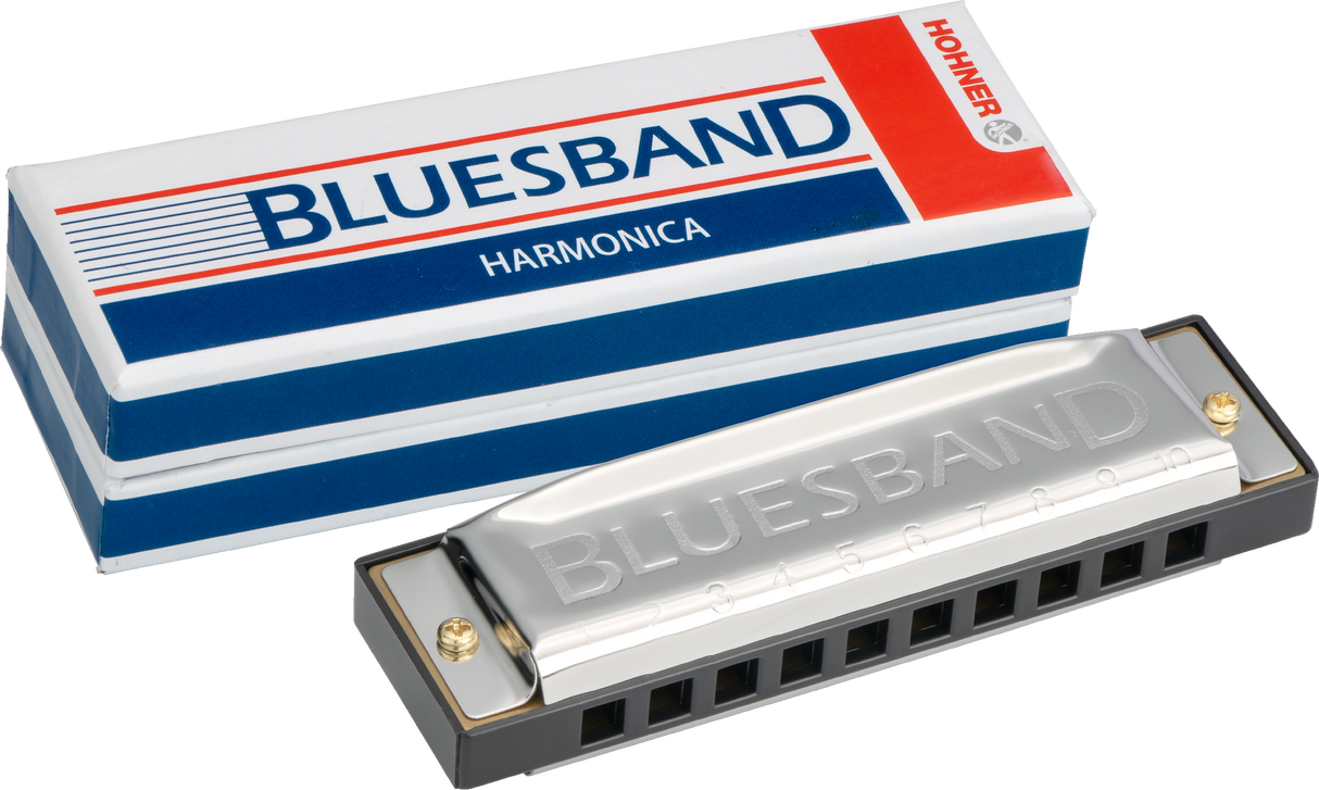 The image shows a Hohner Blues Band 10-hole diatonic harmonica with its original red, white, and blue packaging. The harmonica has a chrome-plated cover embossed with "BLUESBAND," a black plastic comb, and brass reeds inside. The packaging features Hohner branding and the model name. This reliable, entry- to intermediate-level harmonica is popular in blues, folk, and rock music.