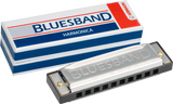 The image shows a Hohner Blues Band 10-hole diatonic harmonica with its original red, white, and blue packaging. The harmonica has a chrome-plated cover embossed with "BLUESBAND," a black plastic comb, and brass reeds inside. The packaging features Hohner branding and the model name. This reliable, entry- to intermediate-level harmonica is popular in blues, folk, and rock music.