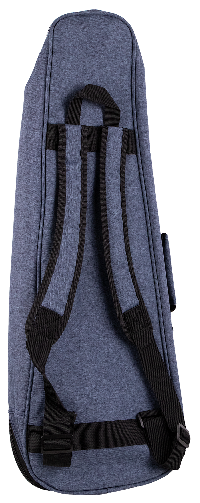 The image shows a blue-gray, textured fabric gig bag designed for a mandolin, violin, or similar small stringed instrument. It has black padded shoulder straps, a carrying handle, protective edge padding, and a zippered closure. The backpack-style straps enable hands-free transport, making it a lightweight, portable, and convenient soft case favored by musicians for easy carrying and protection.