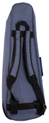 The image shows a blue-gray, textured fabric gig bag designed for a mandolin, violin, or similar small stringed instrument. It has black padded shoulder straps, a carrying handle, protective edge padding, and a zippered closure. The backpack-style straps enable hands-free transport, making it a lightweight, portable, and convenient soft case favored by musicians for easy carrying and protection.