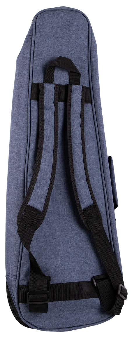 The image shows a blue-gray, textured fabric gig bag designed for a mandolin, violin, or similar small stringed instrument. It has black padded shoulder straps, a carrying handle, protective edge padding, and a zippered closure. The backpack-style straps enable hands-free transport, making it a lightweight, portable, and convenient soft case favored by musicians for easy carrying and protection.