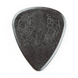 A black guitar pick with engraved design on a white background