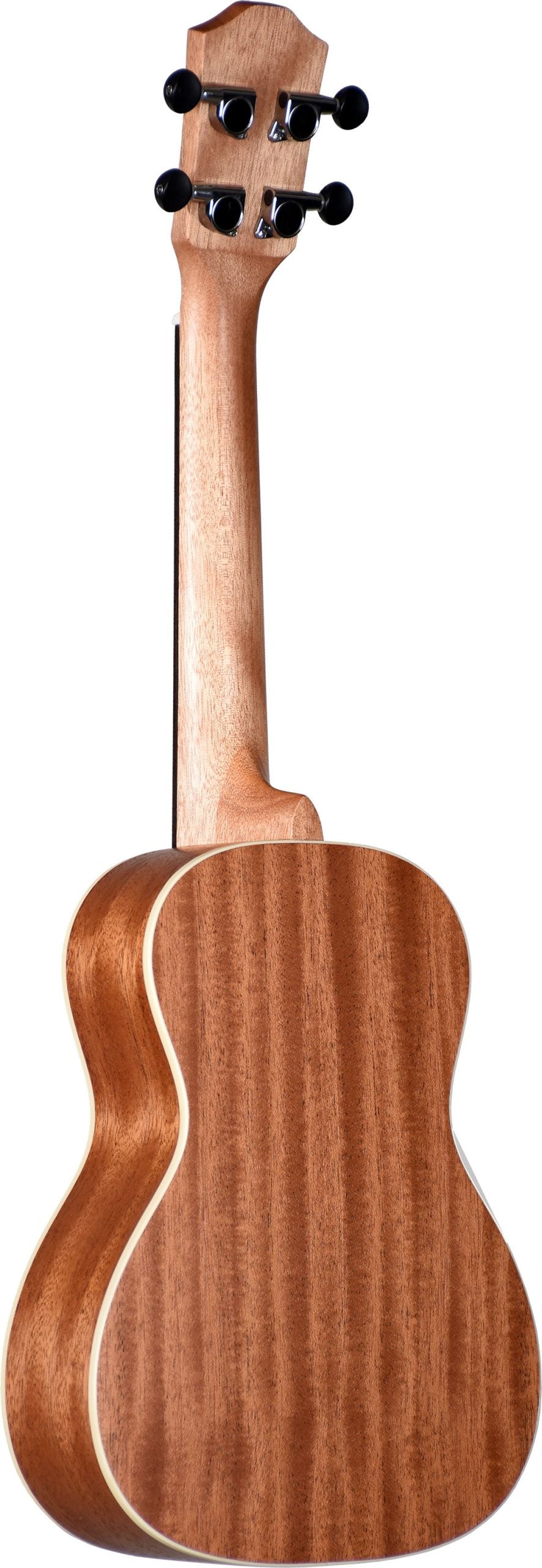 The image shows the back of a concert or tenor ukulele with a natural wood finish and visible grain, likely mahogany. It features light-colored binding, smooth craftsmanship, six black geared tuning pegs with chrome hardware, and a traditional headstock shape. The instrument's size and quality suggest it is an intermediate to professional-level ukulele, known for producing a bright, cheerful sound.