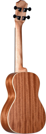 The image shows the back of a concert or tenor ukulele with a natural wood finish and visible grain, likely mahogany. It features light-colored binding, smooth craftsmanship, six black geared tuning pegs with chrome hardware, and a traditional headstock shape. The instrument's size and quality suggest it is an intermediate to professional-level ukulele, known for producing a bright, cheerful sound.