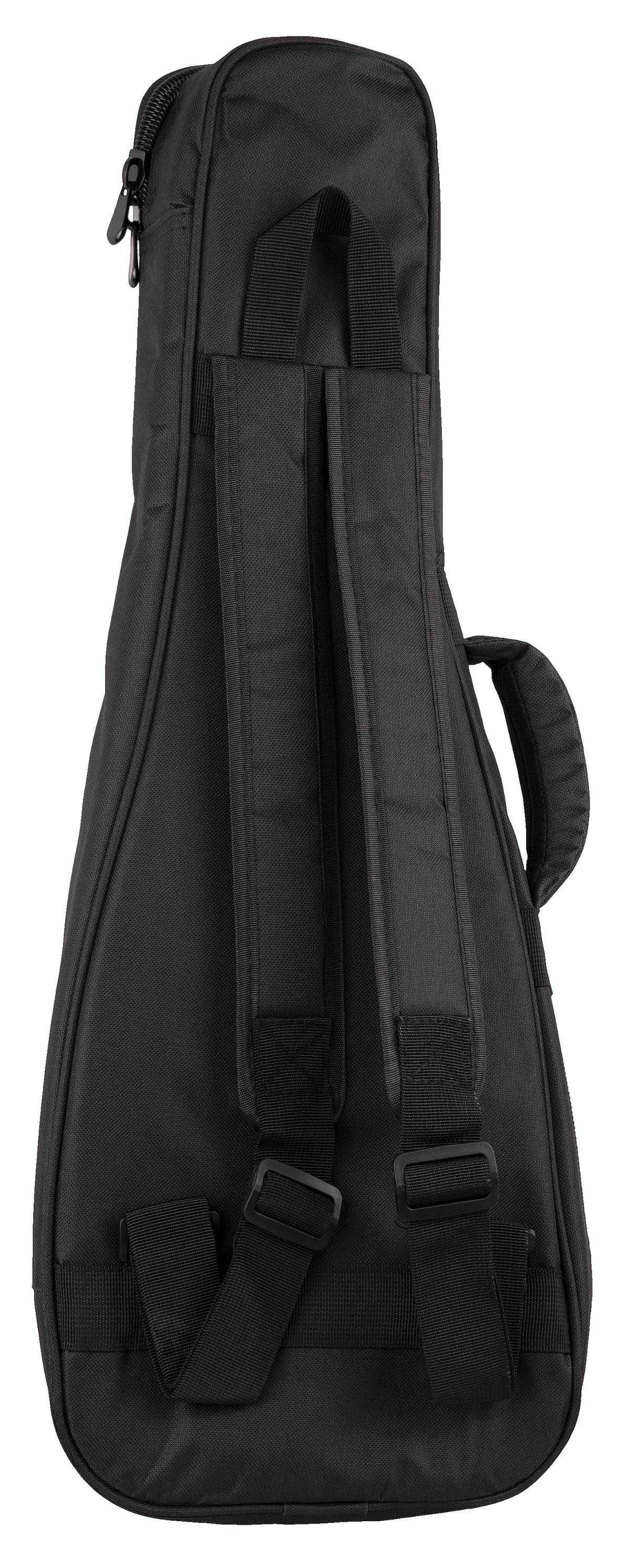 The image shows a black, padded gig bag designed for a small string instrument, likely a ukulele or small guitar. It features durable fabric, a full-length zipper, a small accessory pocket, and multiple carrying options including adjustable backpack straps, top handles, and a side handle. This versatile case offers convenient, protective transport for musicians on the go.