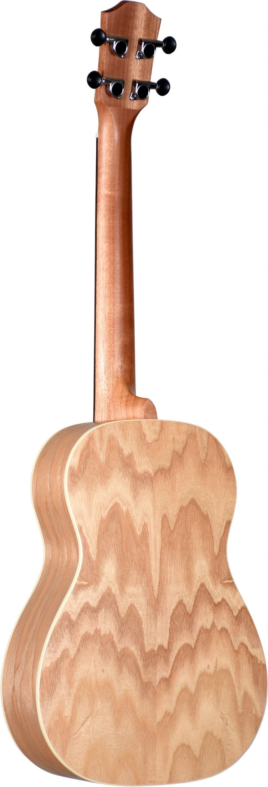 The image shows the back of a wooden ukulele with a small, guitar-like body featuring natural wood grain patterns. It has a smooth neck and a traditional headstock with four black tuning pegs, two on each side. The instrument appears well-crafted with clean lines and a polished finish, likely a concert or tenor size made from hardwood such as mahogany.