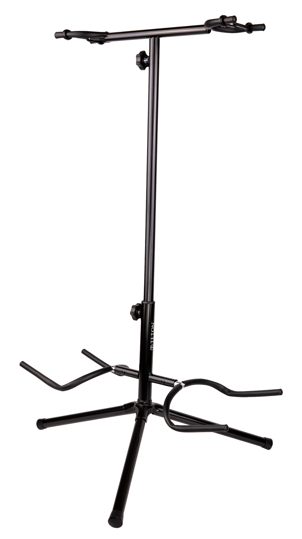 The image shows a black metal dual guitar stand with an adjustable telescoping center pole and a stable tripod base. It has two padded, adjustable arms at the top and a lower support cradle to hold electric or acoustic guitars securely. This space-saving stand is ideal for musicians to display or store two guitars simultaneously, accommodating various sizes for use in studios, stages, or homes.